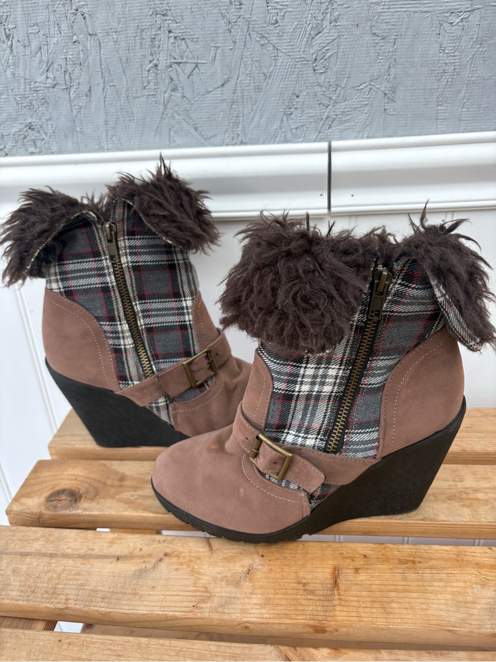 Toi et Moi Brown Plaid Wedge Ankle Boots with Faux Fur Trim